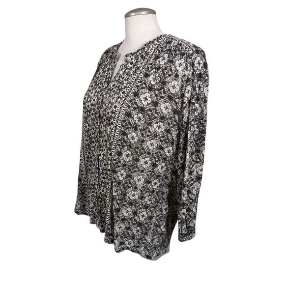 Lucky Brand Womens M Top Black White Ditsy Floral Print Long Sleeve Ruffle Neck - Picture 3 of 5